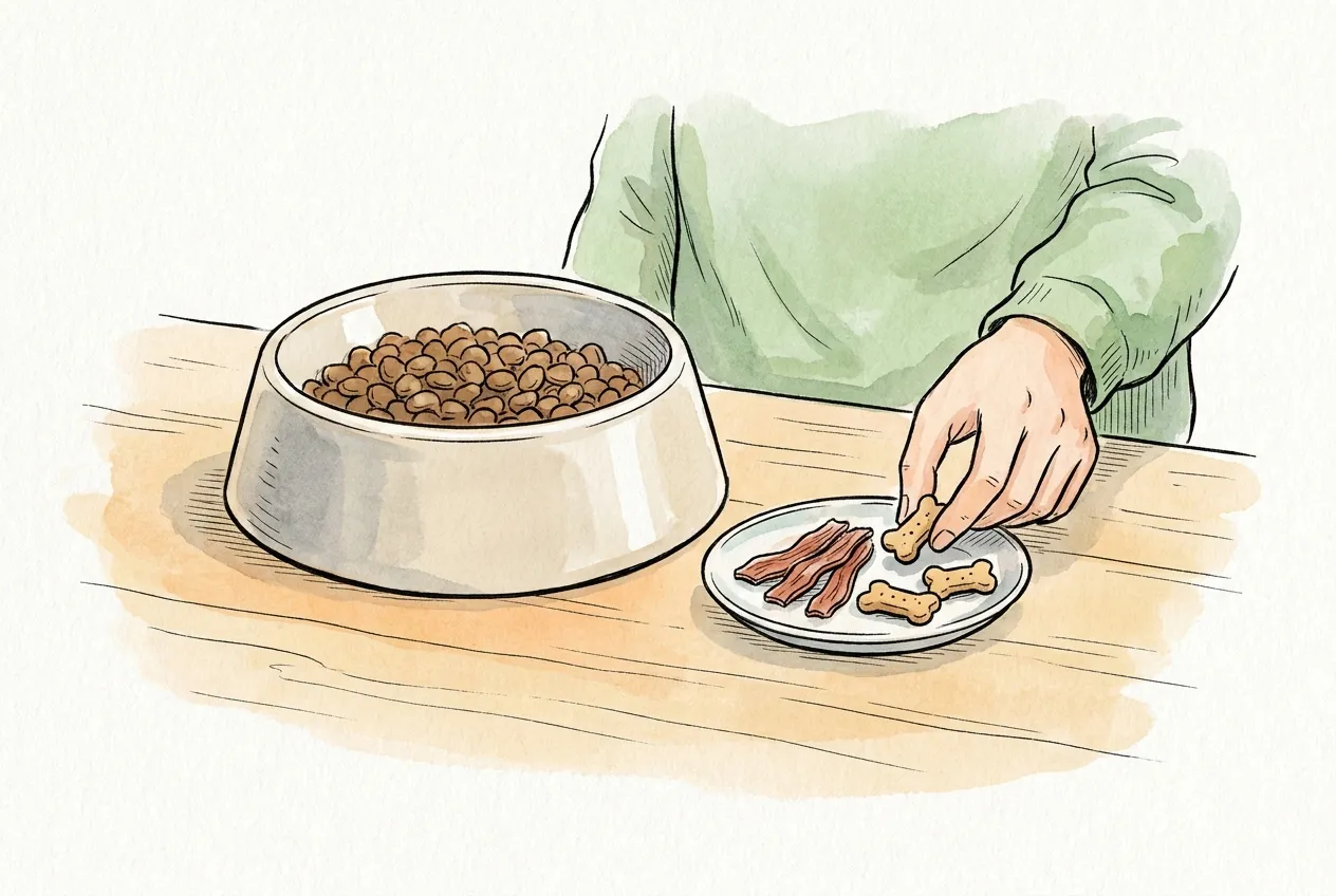 Cuenco grande de pienso junto a un platito con tiras de carne seca y galletas de hueso