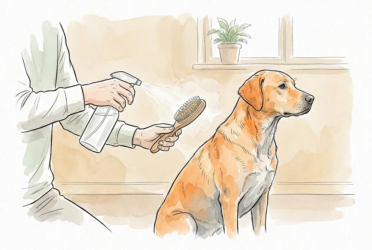 Mano pulverizando colonia sobre un cepillo de cerdas, lejos de la cara de un perro sentado