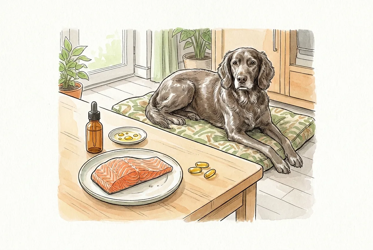 Filete de salmón crudo, frasco cuentagotas ámbar y cápsulas doradas en la mesa; detrás, un perro mayor tumbado