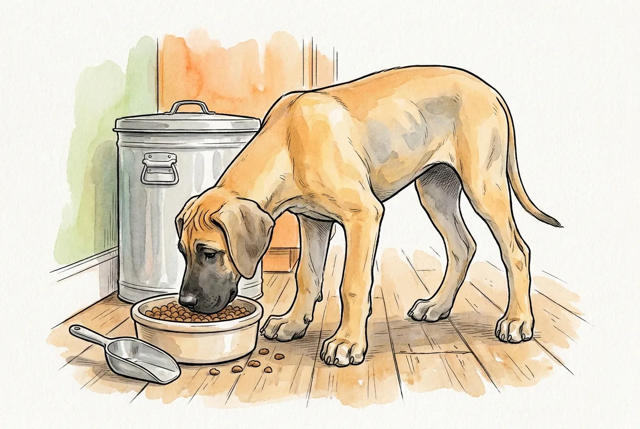 Cachorro de gran danés leonado y patilargo comiendo su ración medida junto a un cacillo y un bidón cerrado