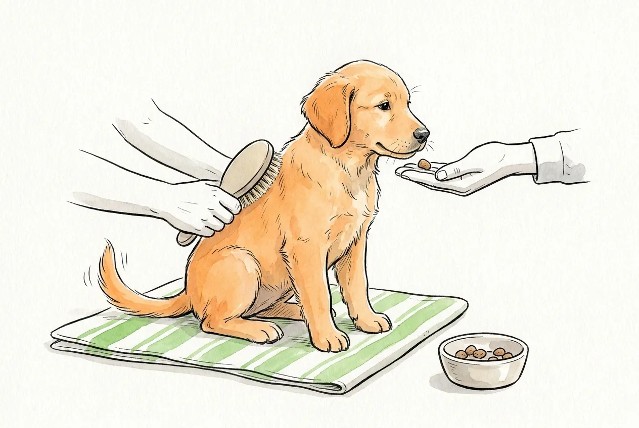 Cachorro dorado sentado en una toalla mientras lo cepillan y una mano le ofrece una croqueta de premio